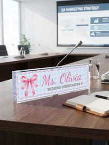 1pc Customized Teacher Name Plate, Plaid Bow Desk Nameplate, Text Position Title Plaque, Sweet Style Office Desktop Decor Gift, Teacher Appreciation Gift, Back To School - Multicolor - View 10