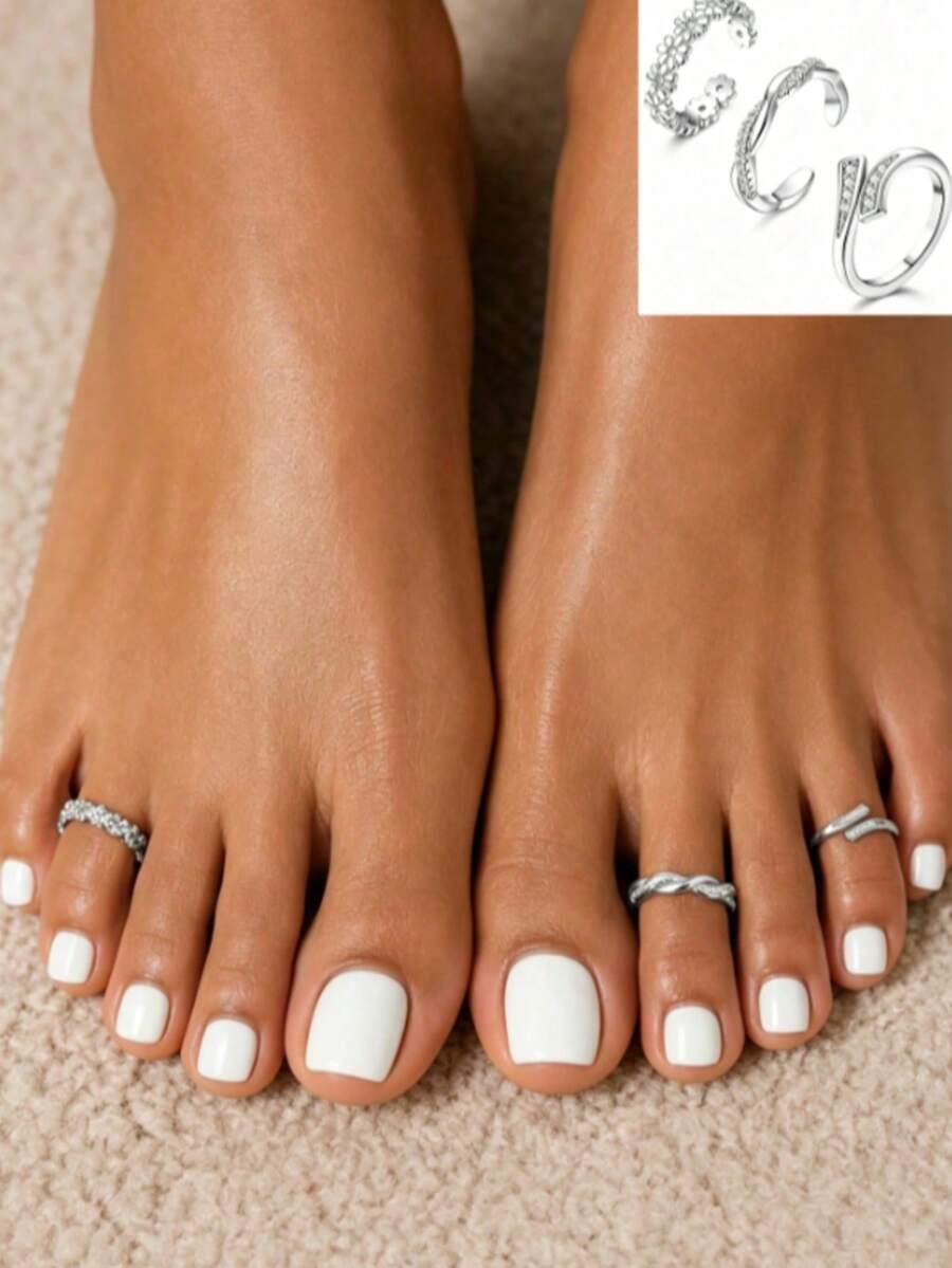 3pcs Spring/Summer Minimalist Sexy Beach Toe Rings With Sparkling Synthetic Zirconia, Exquisite Jewelry Accessories, Suitable For All Seasons, Perfect For Holidays, Weddings, Parties, Commuting, 2026 New Valentine's Day, Mother's Day, St. Patrick's Day, Easter Gifts - Silver - View 1