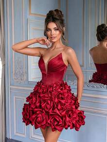 QOQ Women Elegant Strapless Pleated Backless Tie Short Formal Evening Dresses Mesh Party Homecoming Cocktail Graduation Dresses - Burgundy - View 1