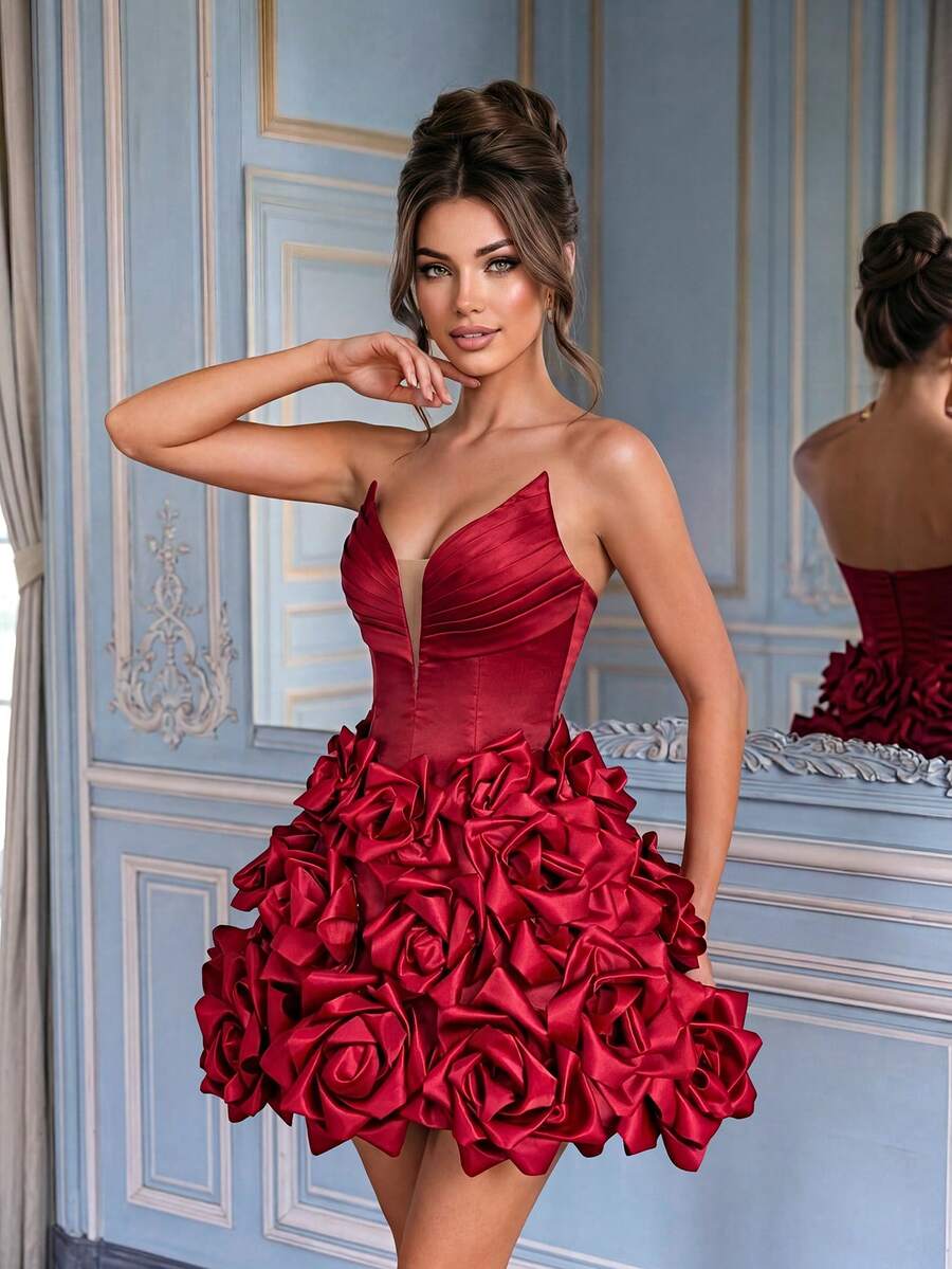 QOQ Women Elegant Strapless Pleated Backless Tie Short Formal Evening Dresses Mesh Party Homecoming Cocktail Graduation Dresses - Burgundy - View 1