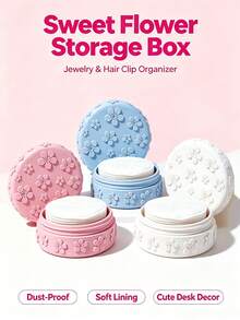 3D Embossed Cherry Blossom Cotton Pad Storage Box With Dust Cover, Cute Aesthetic Makeup Organizer, Desktop Sponge Jewelry Storage Box, Bathroom Countertop Organizer, Sweet Desktop Decor, Creative Holiday Gift For Girls - Multicolor - View 1