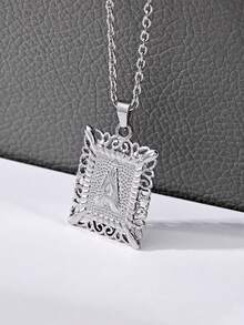 1pc Square Capital Letter Necklace, Hollow Pendant Necklace Jewelry Accessory - Silver - View 3
