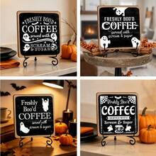 4pcs Halloween Fun Ghost Coffee Theme Wooden Desktop Decor, Vintage Black & White English Bar Tiered Tray Decorative Wooden Signs, No Base, Holiday Home Decor, Also Suitable As Gifts, 2D Flat - Ornament - View 1