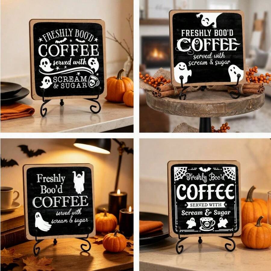 4pcs Halloween Fun Ghost Coffee Theme Wooden Desktop Decor, Vintage Black & White English Bar Tiered Tray Decorative Wooden Signs, No Base, Holiday Home Decor, Also Suitable As Gifts, 2D Flat - Ornament - View 1