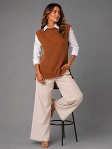 Max Fang Women's Knit Vest With Side Slits - Camel - View 2