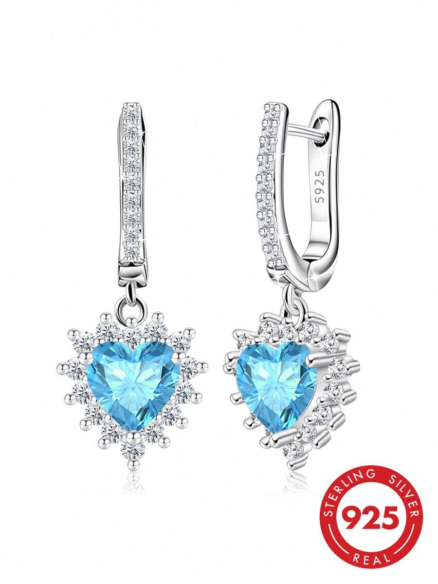 Pure Silver Cubic Zirconia Earrings Heart Pendant Hoop Earrings Suitable For Women Elegant Earrings Hypoallergenic Earrings Daily Wear Birthday Gift - Silver - View 1