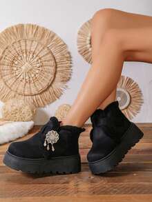 1 Pair New Chinese Style Rhinestone Pendant Thick Sole Snow Boots For Women, Autumn/Winter Thermal Lined Height-Increasing Non-Slip Boots - Black - View 3