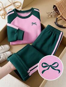 Tween Girl Cartoon Bow Pattern Print Crew Neck Sweatshirt And Sweatpants - Pink - View 4