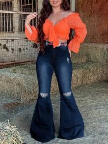 Celana Jeans Flare Seksi Kasual Wanita, Desain Detail Kancing dan Resleting Bergaya Rusak, Panjang, Elastisitas Sedang, Cocok untuk Pakaian Liburan Musim Gugur - Dark Wash - View 5