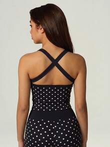UONNOU 2pcs Polka Dot Square Neck Criss-Cross Strap Tank Top + Criss-Cross Waist Flare Pants Sports Set - Black - View 9