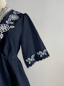 Rusttydustty Bohemian Style Women's Plus Size Short Sleeve Embroidered V-Neck Casual Vacation Top Summer - Navy Blue - View 7
