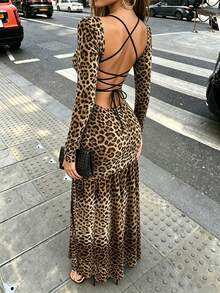優雅性感豹紋長袖方領露背綁帶開衩修身女款洋裝，春秋派對洋裝 - 彩色 - 查看 1