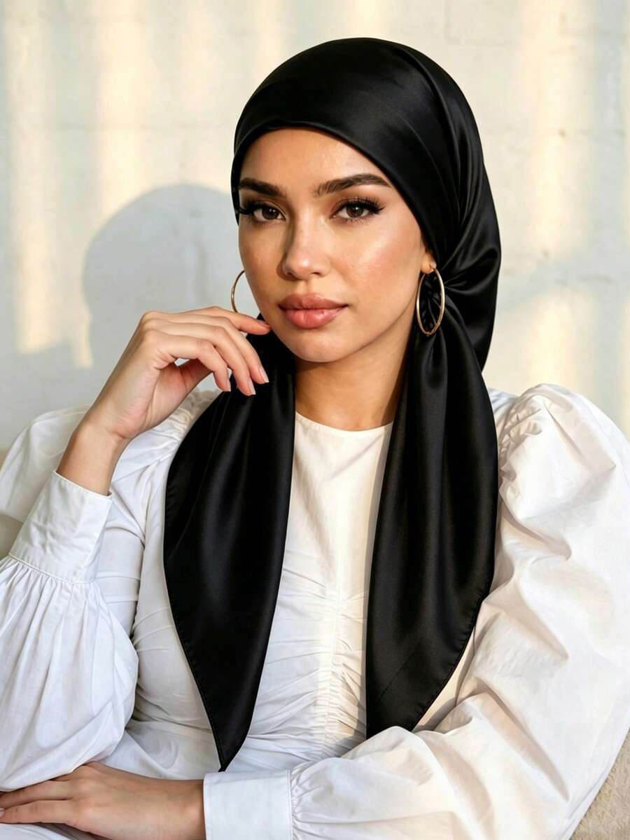 suzhichou 1pc Elegant Women's Elastic Satin Headscarf, Solid Color Printed Headwrap, Slouchy Satin Scarf, Versatile Hair Accessory For Beach, Daily Wear, Muslim Women