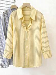Women's Plus Size Casual Loose Striped Shirt Jacket With Collar And Cuffs - Yellow - View 2