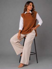 Max Fang Women's Knit Vest With Side Slits - Camel - View 3