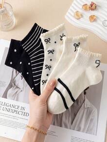 5 Pairs Random Women's Black And White Contrast Striped Polka Dot Bow Ruffle Mid-Calf Socks, Skin-Friendly Ribbed High-Elastic Fabric, Breathable And Sweat-Absorbing, Cute Sweet Style Mid-Calf Socks, Suitable For Students' Daily Commute And Home Use - Multicolor - View 4
