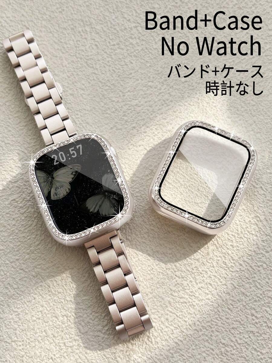 2件組金色14mm窄版時尚年輕女性風格金屬錶帶與單排鑲鑽2合1錶殼膜一體式防撞防刮防塵保護殼，適用Ultra3/2/1 SE/S10/S9/S8/S7/S6/S5/S4/S3/S2/S1金色不鏽鋼智慧手錶錶帶，38mm 40mm 41mm 44mm 45mm 46mm中性錶帶，女性星光色配件，適合戶外海灘旅行度假派對節日禮物，返校季