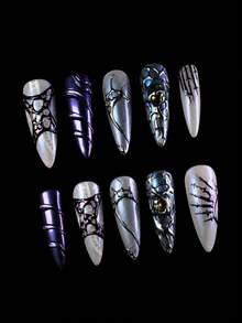 Ten-Piece Handmade Nail Art Set, Nail Art, Green Nail Art, Handmade Nail Art, False Nails, Handmade Nail Art, Summer Nail Art, Halloween Nails, Reusable False Nails, Women's Gift, Suitable For Girls And Ladies To Wear To Parties And Everyday Life. - Multicolor - View 4