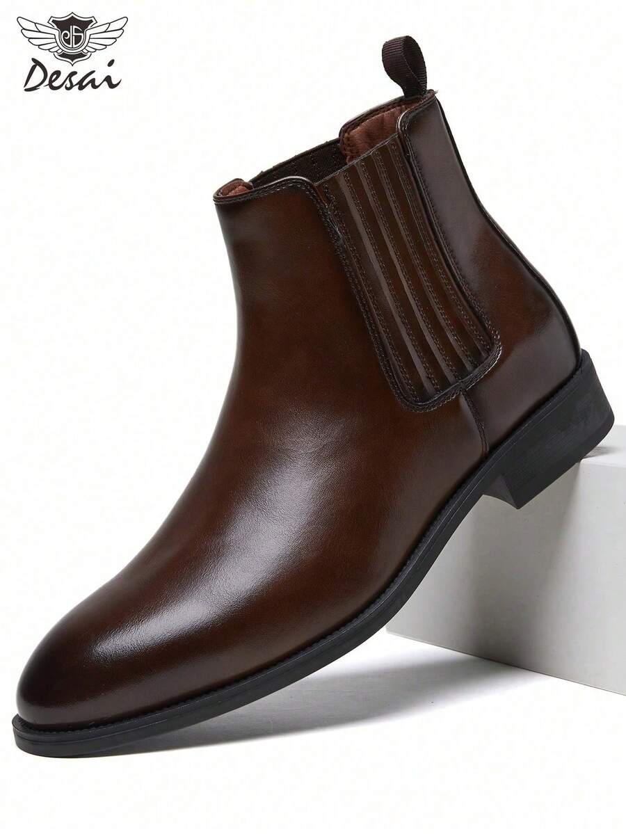 DESAI Men's Fashion Classic Premium Solid Color Chelsea Boots, Vintage Style Cylinder Boots, British Style Boots, Chunky Heel Slip-On Elastic Band Daily Shoes - Brown - View 1
