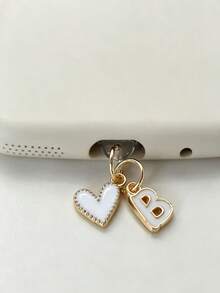 1pc White Heart-Shaped Phone Dust Plug, 26 Letters/Charging Port Dust Plug DIY Phone Decoration Suitable For Lightning (5-14)/Reader Type-C - White - View 3