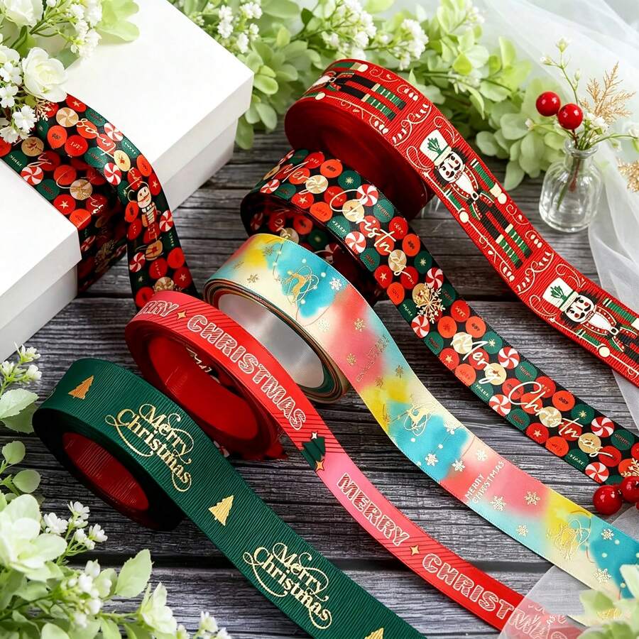 5 Yards Christmas Print Ribbon Set, Includes 4 Popular Christmas Patterns: Red Christmas Candy, Red Nutcracker, Green Christmas Tree, Pink Gingerbread Man Ribbon, Matte Polyester Base With Precise Edge Locking, Resistant To Fraying, Suitable For DIY Holiday Decorations, Christmas Tree Wreaths And Other Ribbon Decor Crafts - Multiple Specifications - View 1