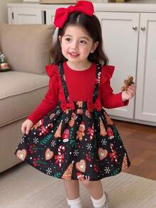 Baby Girls Christmas Ruffle Bow Snowman Candy Cane Heart Print 2 In 1 Dress - Black - View 4