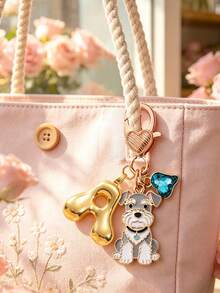 合金滴油雪拿里犬動物卡通 A-Z 字母鑰匙圈，藍色愛心與英文字母，寵物主題鑰匙環，適用於錢包、背包、汽車吊飾、耳機配件，男女皆宜，適合掛在包包上，適合作為送給朋友、家人、情侶、女友的重要禮物、節日紀念品、開學季、教師節、生日禮物 - 彩色 - 查看 1