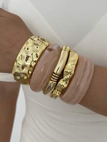 5 peças/1 peça Conjunto de Pulseiras Vintage Elegante Casual Feminino em Dourado CCB e Acrílico Rosa, Adequado para Uso Diário - Multicolorido - Visão 5