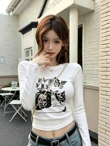 1件女款秋季長袖T恤，印花圖案，修身顯身材短版上衣 - 白色 - 查看 1