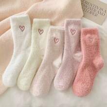5 Pairs Heart Embroidery Socks, Cute Warm Fluffy Thick Mid-Calf Socks, Suitable For Autumn/Winter, Women's Hosiery And Socks, Random Color - Multicolor - View 2