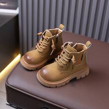 British Style Children's Yellow Boots With Side Zipper, No-Tie Retro Distressed Thick Sole Ankle Boots - Khaki - View 1