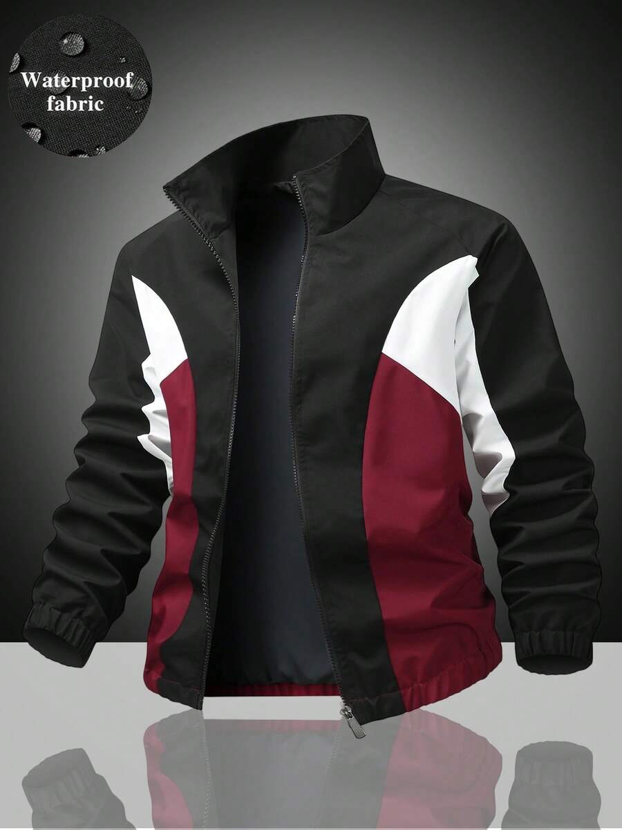 Stand Collar Curved Colorblock Patchwork Zipper Jacket, Casual & Outdoor Multi-Scenario Outfit, Sporty Style Travel Wear - black red - View 1