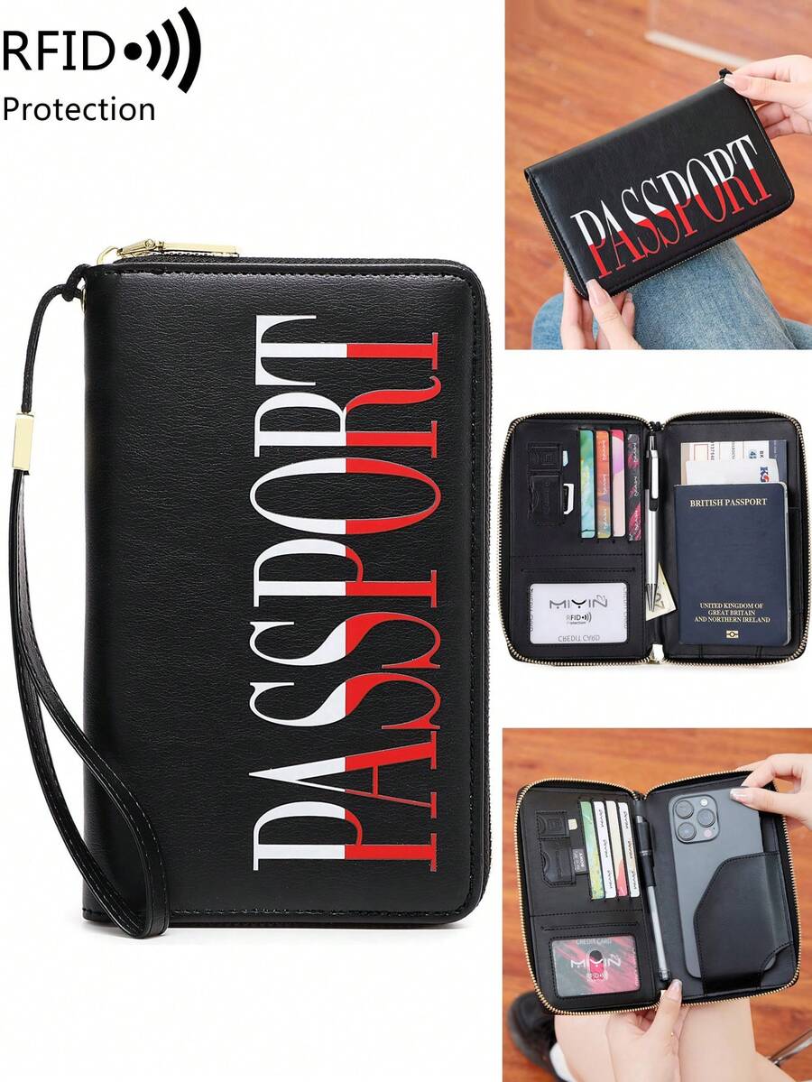 MIYIN Fashion Unique Creative Letter Pattern Passport Holder, RFID Anti-Theft Portable Zipper Travel Wallet With Wrist Strap, Can Store Credit Cards/ID Cards/Cash/Phone
