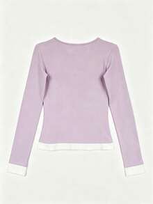 韓系秋季新款修身性感半鈕扣 2 合 1 修身百搭長袖女款休閒 T-shirt 上衣 - 淺紫拼白 - 查看 2
