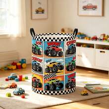 1PC Cartoon Comic-Style Off-Road Vehicle Printed Double-Handle Laundry Basket, Black-And-White Checkered Racing Pattern Foldable Storage Bin, Suitable For Storing Clothes, Miscellaneous Items, And Home Decoration - View 1