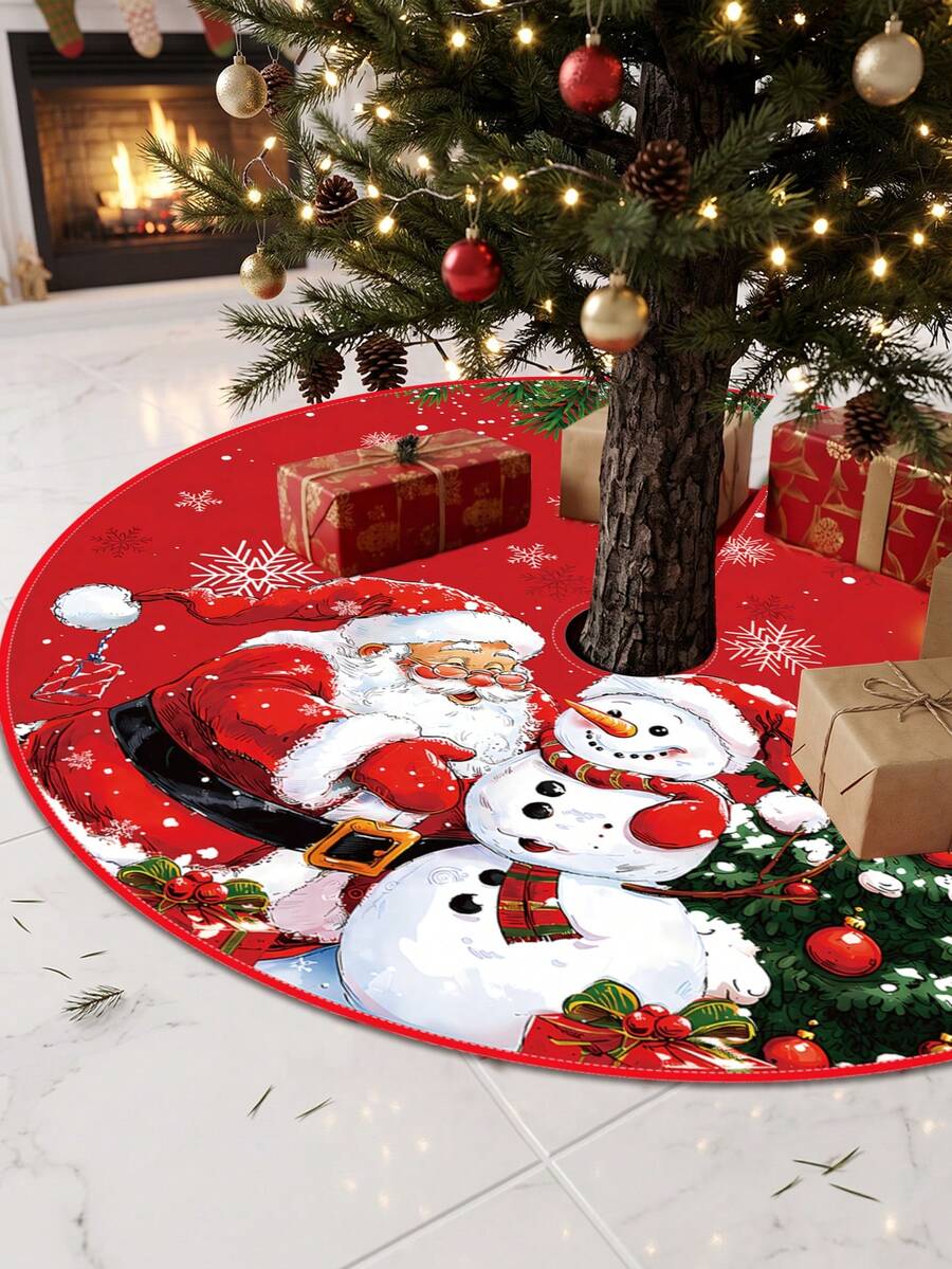 Falda de árbol de Navidad con Papá Noel y muñeco de nieve, alfombra redonda para base de árbol de Navidad con estampado de copos de nieve para decoración interior navideña
