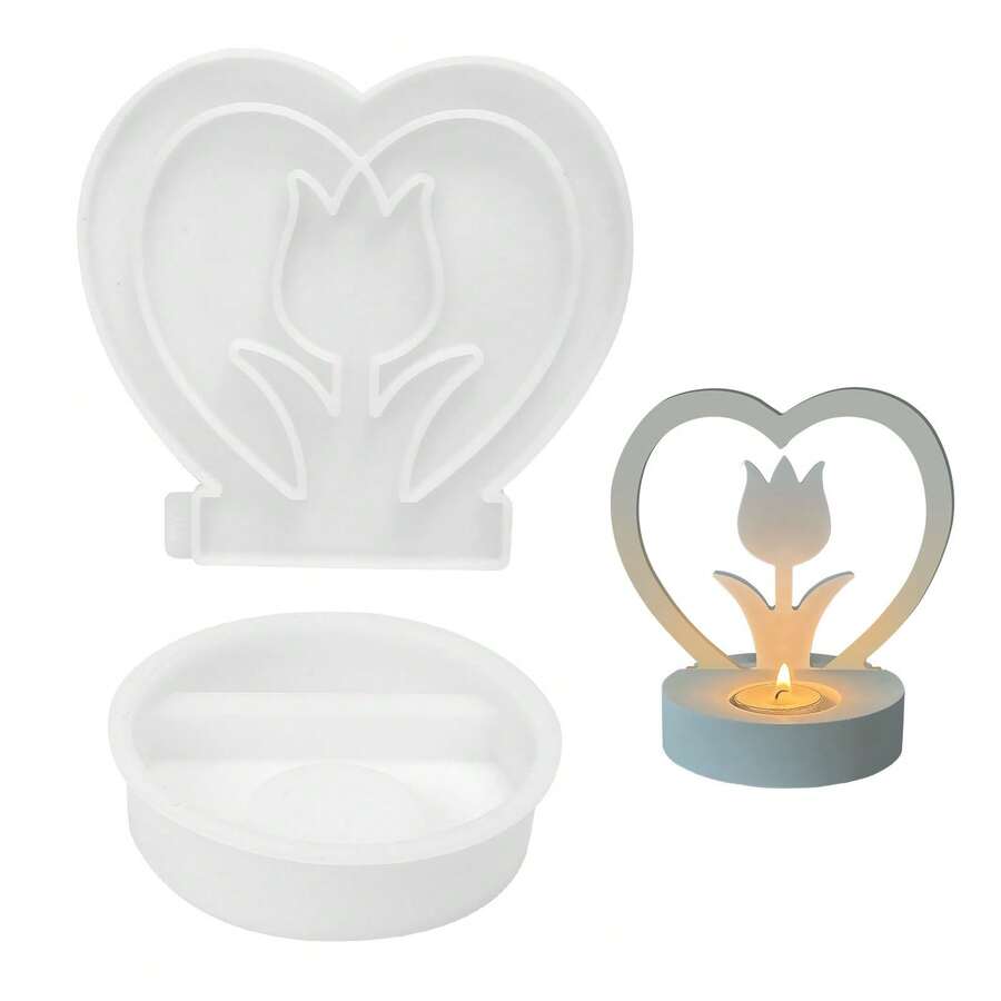 APODESS Herzförmiger Kerzenständer – 2-teiliges Formenset mit Tulpenherz-Design & Basisform für festliche Kerzenkreationen-Partyzubehör-Set - Übersicht 1