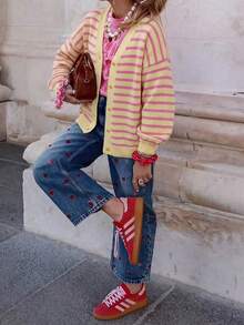 BuyK [Tops]Pink Striped Knit Cardigan, V-Neckline Accentuates Neck, Classic Candy Stripes Blend Sweet And Cool With French Romanticism, Great Value. Fall - Pink - View 4
