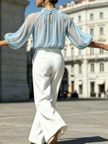 French Elegant Youthful Vacation Style Sheer Lightweight High Neck Lantern Sleeve Pullover - Blue - View 5