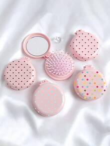 New Pink Multicolor Polka Dot Round Folding Comb With Mirror, Portable Compact 2-In-1 Makeup Mirror Comb, Women's Mini Foldable Air Cushion Massage Brush, Suitable For Wedding, Office, Business Trip, Performance, Back To School, Travel Essential - Multicolor - View 1