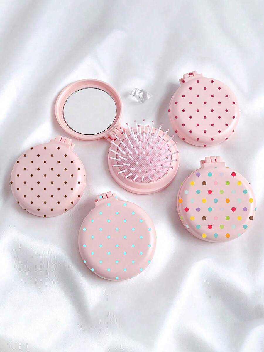 New Pink Multicolor Polka Dot Round Folding Comb With Mirror, Portable Compact 2-In-1 Makeup Mirror Comb, Women's Mini Foldable Air Cushion Massage Brush, Suitable For Wedding, Office, Business Trip, Performance, Back To School, Travel Essential - Multicolor - View 1