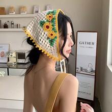 1件法式復古頭巾，女款甜美可愛手工鉤編三角巾，適合徒步、露營等戶外活動，防曬防風 - 花朵款 - 查看 4