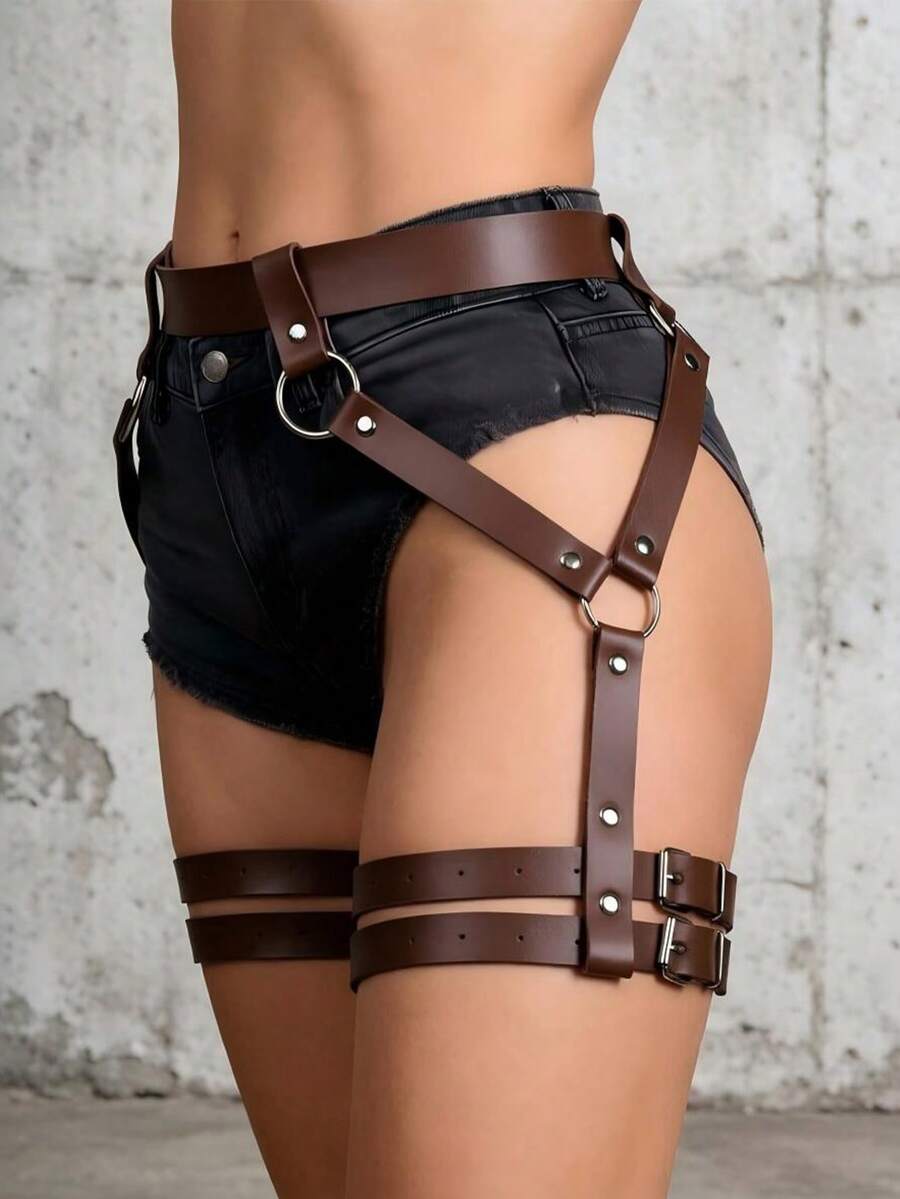 1pc Women's Casual Sexy Coffee Color Punk Style PU Leather Lace-Up Leg Strap Waist Belt Harness, Suitable For Party, Gathering, Halloween, Daily Commute Outfit Accessory - Coffee Brown - View 1