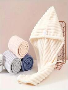 1Pc Ultra Soft Wavy Microfiber Hair Drying Cap, Super Absorbent Quick Dry Anti-Frizz Hair Wrap Turban, Solid Color Hair Towel Cap For Women With Long Hair, Practical Bathroom Shower Accessory(Shower Cap Buttons Are Shipped Randomly). - Multicolor - View 2