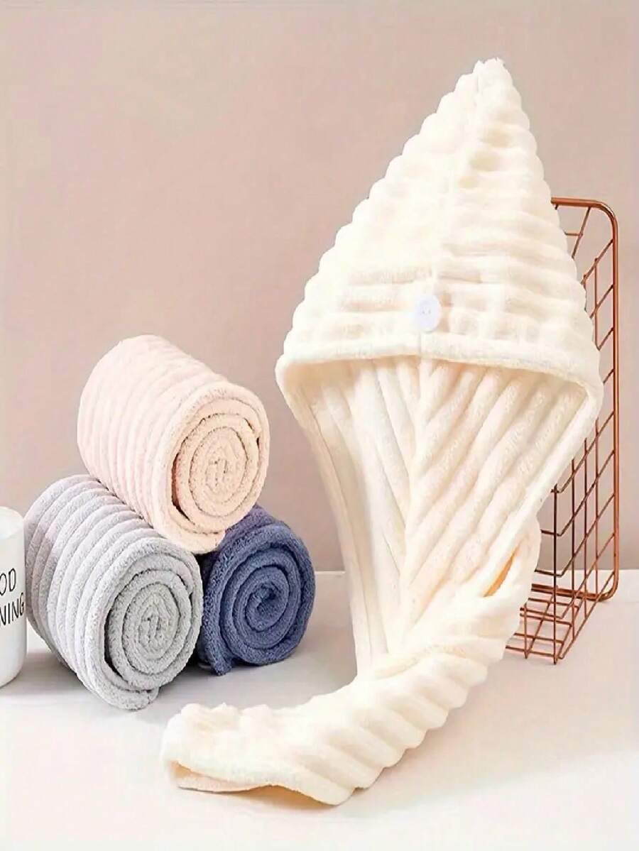 1Pc Ultra Soft Wavy Microfiber Hair Drying Cap, Super Absorbent Quick Dry Anti-Frizz Hair Wrap Turban, Solid Color Hair Towel Cap For Women With Long Hair, Practical Bathroom Shower Accessory(Shower Cap Buttons Are Shipped Randomly).