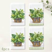 2pcs Green Plant Potted Print Kitchen Towels, Plant Pattern Hand Towels, Absorbent Soft Dish Cloths, Pastoral Style Home Decor Towels, Kitchen & Bathroom Supplies, 4/6/8 Pack - Multicolor - View 11