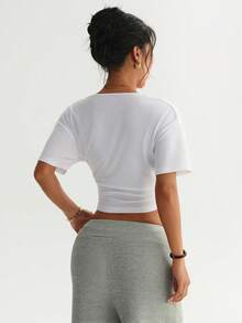 Solid Color Deep V-Neck Ruched Short Sleeve Cropped Top, Casual Slim Fit Fitness T-Shirt - White - View 2