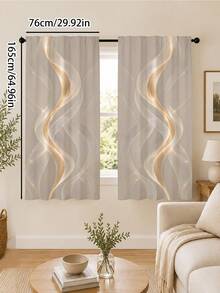 2PCS Off-White Abstract Curve Curtains, Polyester Digital Print, Curved Geometric Pattern, Modern Luxury Style Rod Pocket Fabric Curtains, Bedroom Living Room Window Decor, Machine Washable - Multicolor - View 15