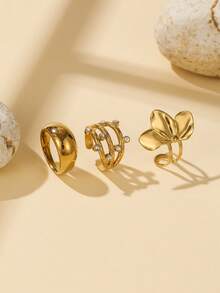 3pcs Women's Gold Open Ring Set, Butterfly Rhinestone Hollow Polished Stackable Adjustable Rings, Closed Ring Size Options, Versatile Jewelry For Daily Wear And Party - Yellow Gold - View 2