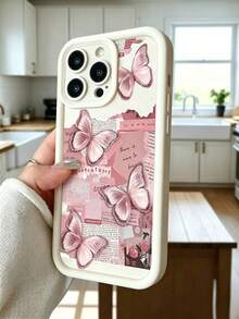 1pc Butterfly Newspaper Fragment Pattern With Perforated Design Camera Protection Anti-Drop Thickened Beige Phone Case Compatible With Apple 17 Pro Max/11 Pro Max/12 Pro Max/13 Pro Max/14 Pro Max/15 Pro Max/16 Plus/16 Pro Max - White - View 3